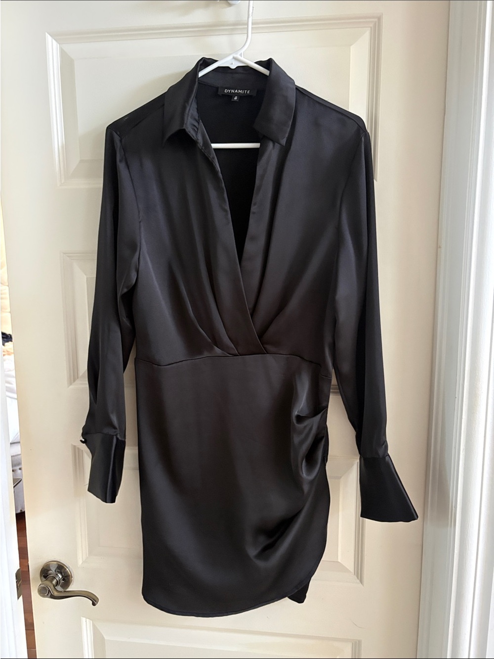 Dynamite Black Satin Faux-Wrap Long Sleeve Tunic